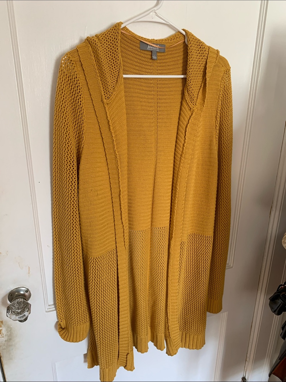 Marled Mustard Open-Front Hooded Knit Cardigan